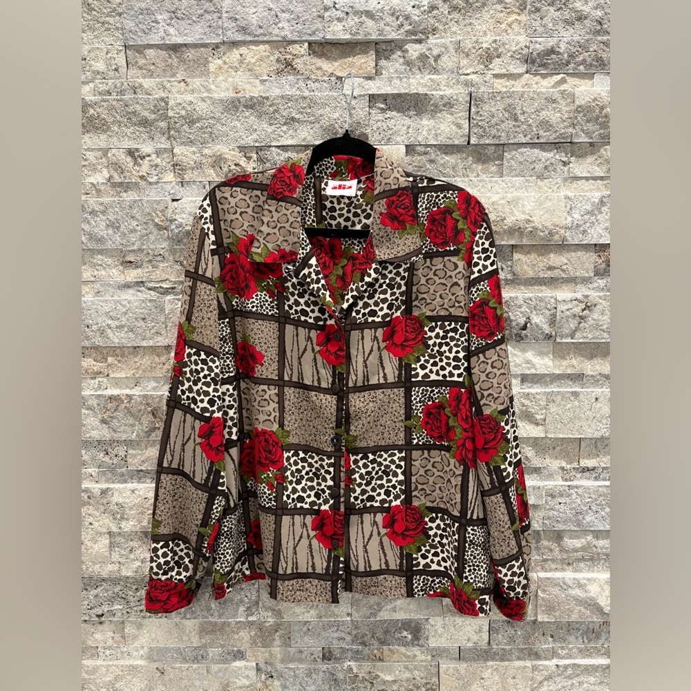 90’s Vintage Elegant Button Down Shirt with Rose, Leopard and Cheetah Print